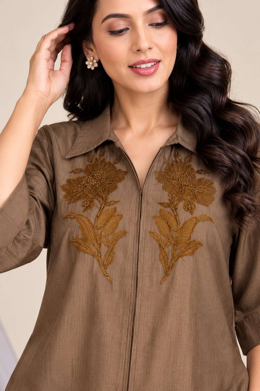 Olive Grey Embroidered Roman Silk Kurta Pant Set