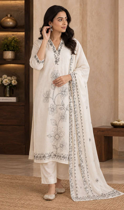 Off White Silk Blend Embroidered Kurta Pant And Dupatta Set