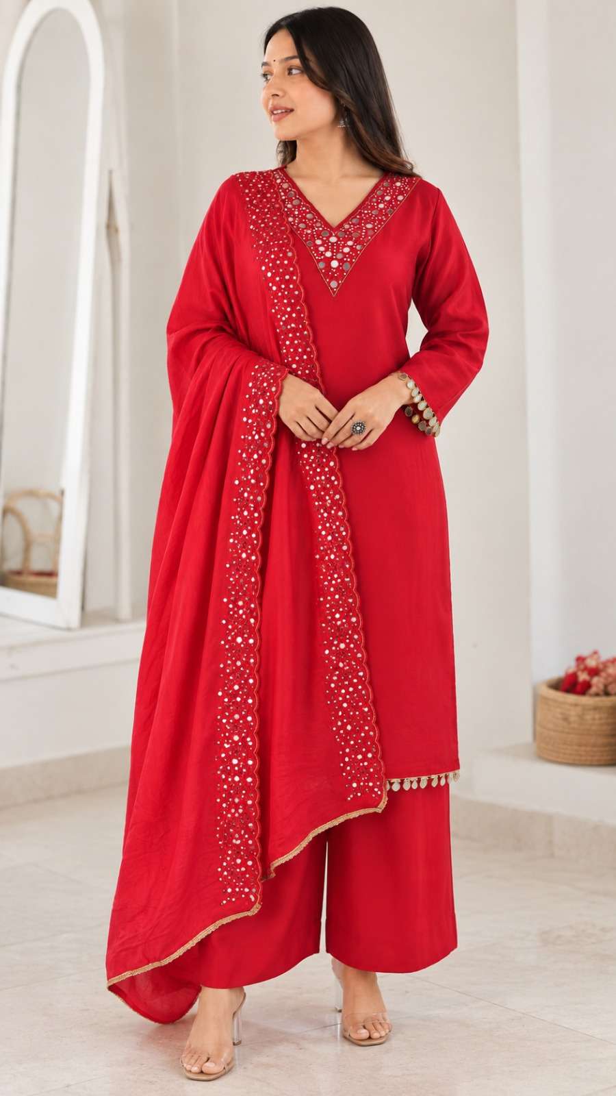 Red Embroidered Roman Glass Silk Kurta Pant and Dupatta