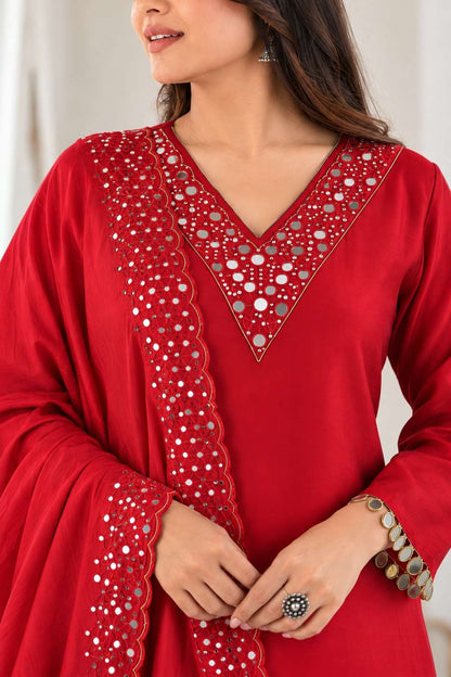 Red Embroidered Roman Glass Silk Kurta Pant and Dupatta