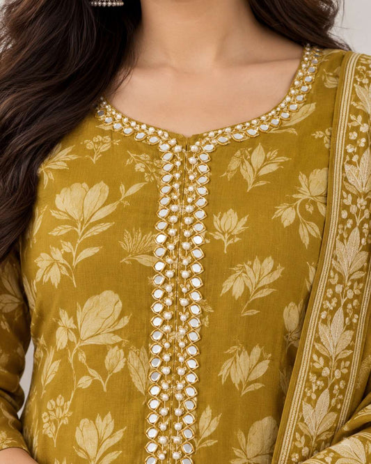 Mustard Yellow Mul Cotton Printed Kurta and Pant with Dupatta