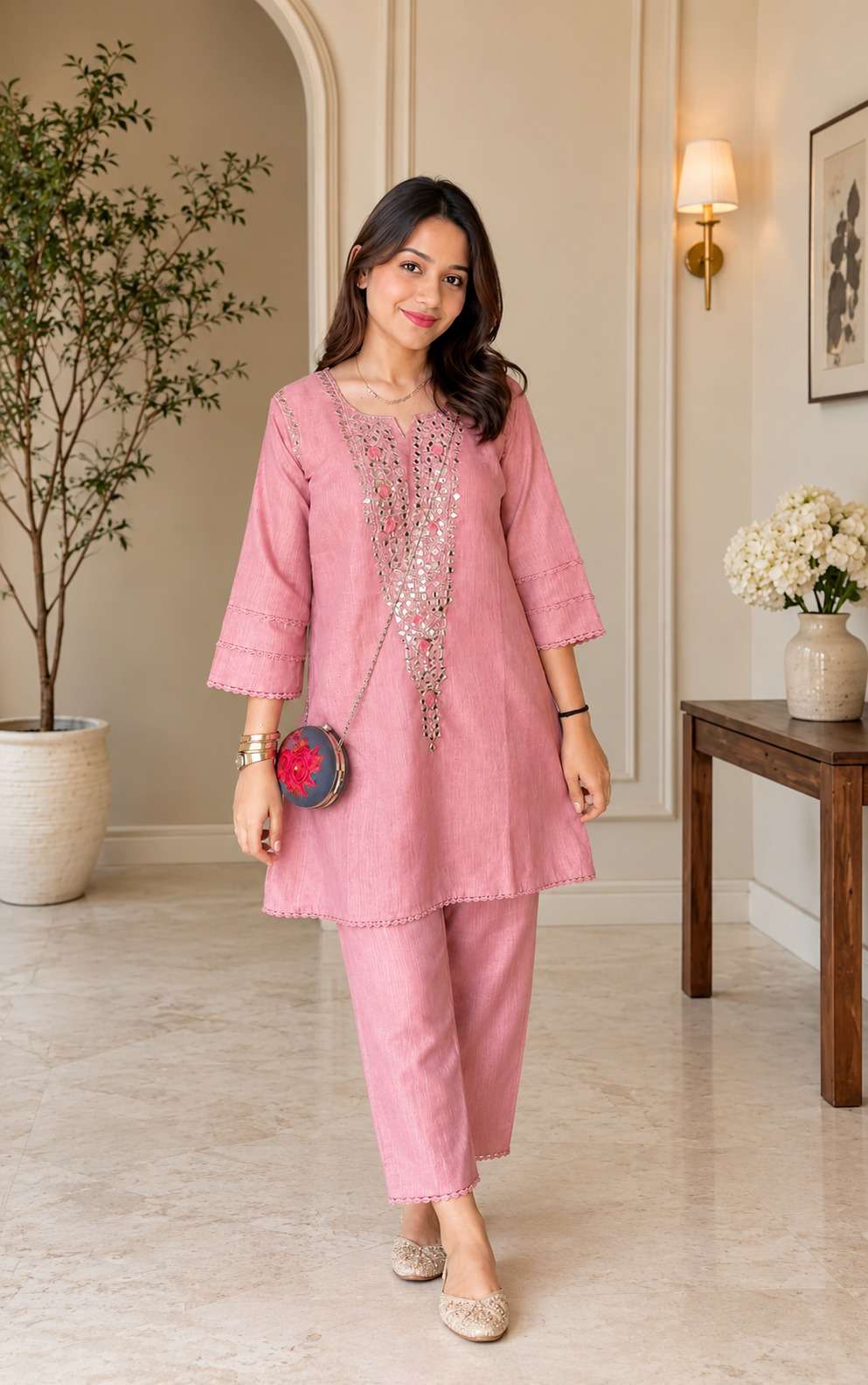 Dusty Pink Cotton Blend Embroidered Kurta With Pant