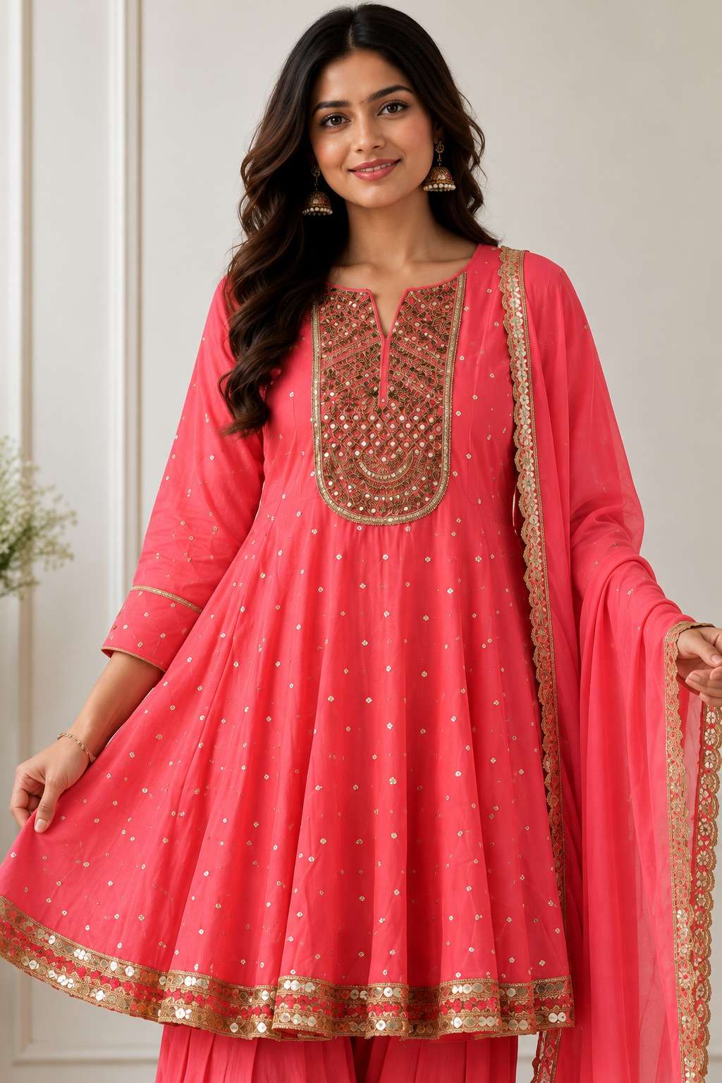 Pink Mul Chanderi Embroidered Anarkali Kurta and  Farshi  With Dupatta