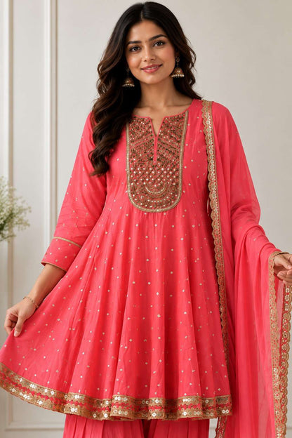 Pink Mul Chanderi Embroidered Anarkali Kurta and  Farshi  With Dupatta