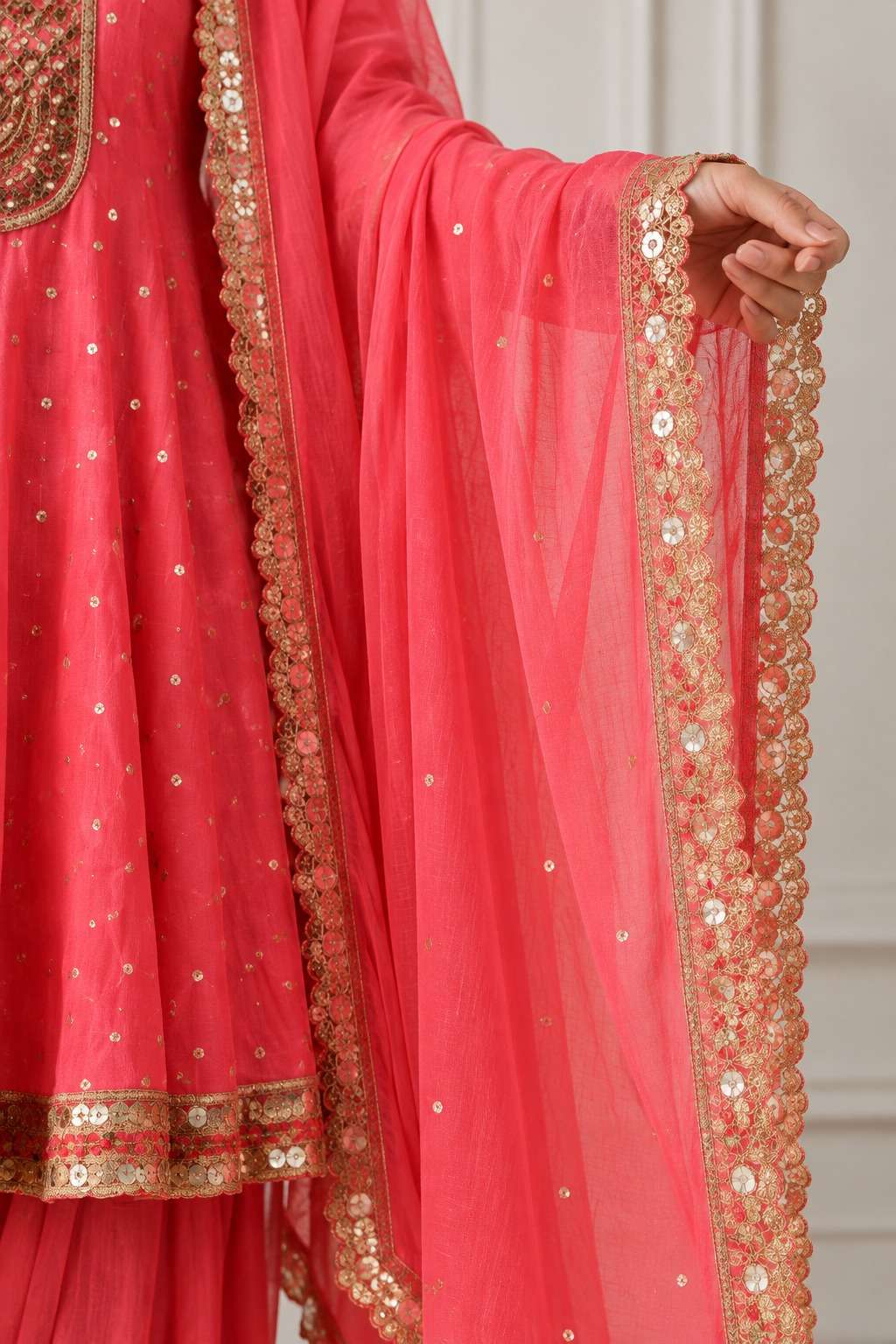 Pink Mul Chanderi Embroidered Anarkali Kurta and  Farshi  With Dupatta