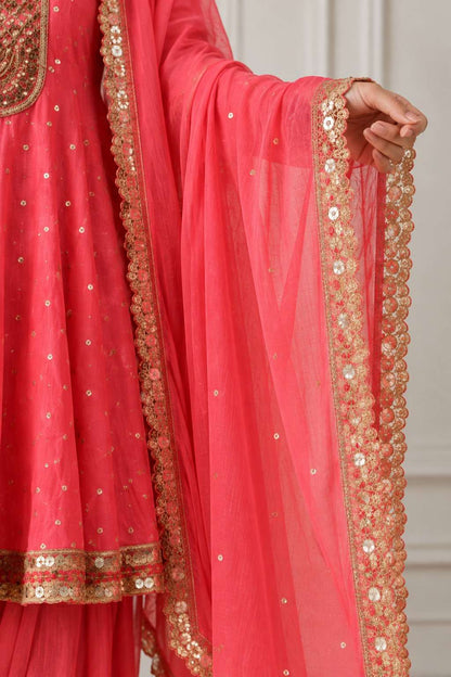 Pink Mul Chanderi Embroidered Anarkali Kurta and  Farshi  With Dupatta