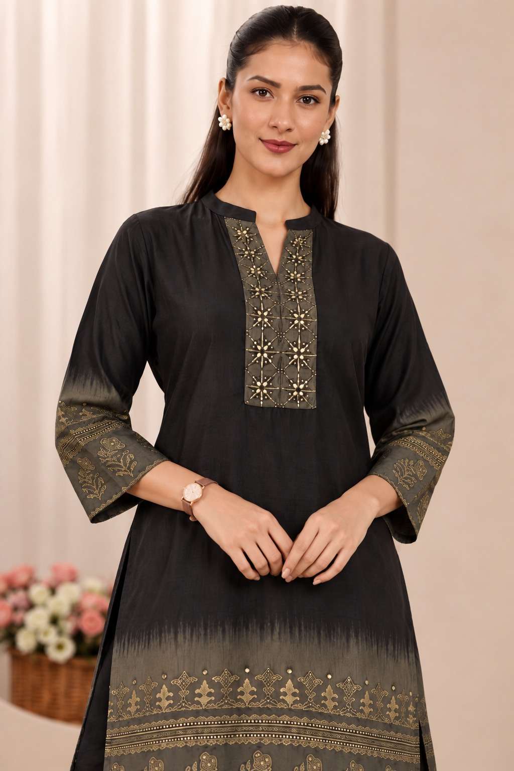 Black Embroidered Gajji Silk Kurta pant set