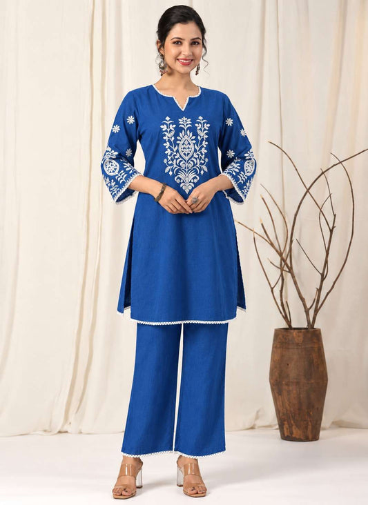 Royal Blue Embroidered Cotton Blend Kurta Pant Set