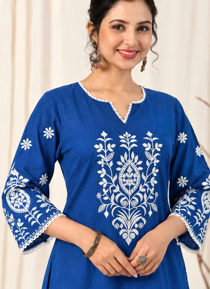 Royal Blue Embroidered Cotton Blend Kurta Pant Set