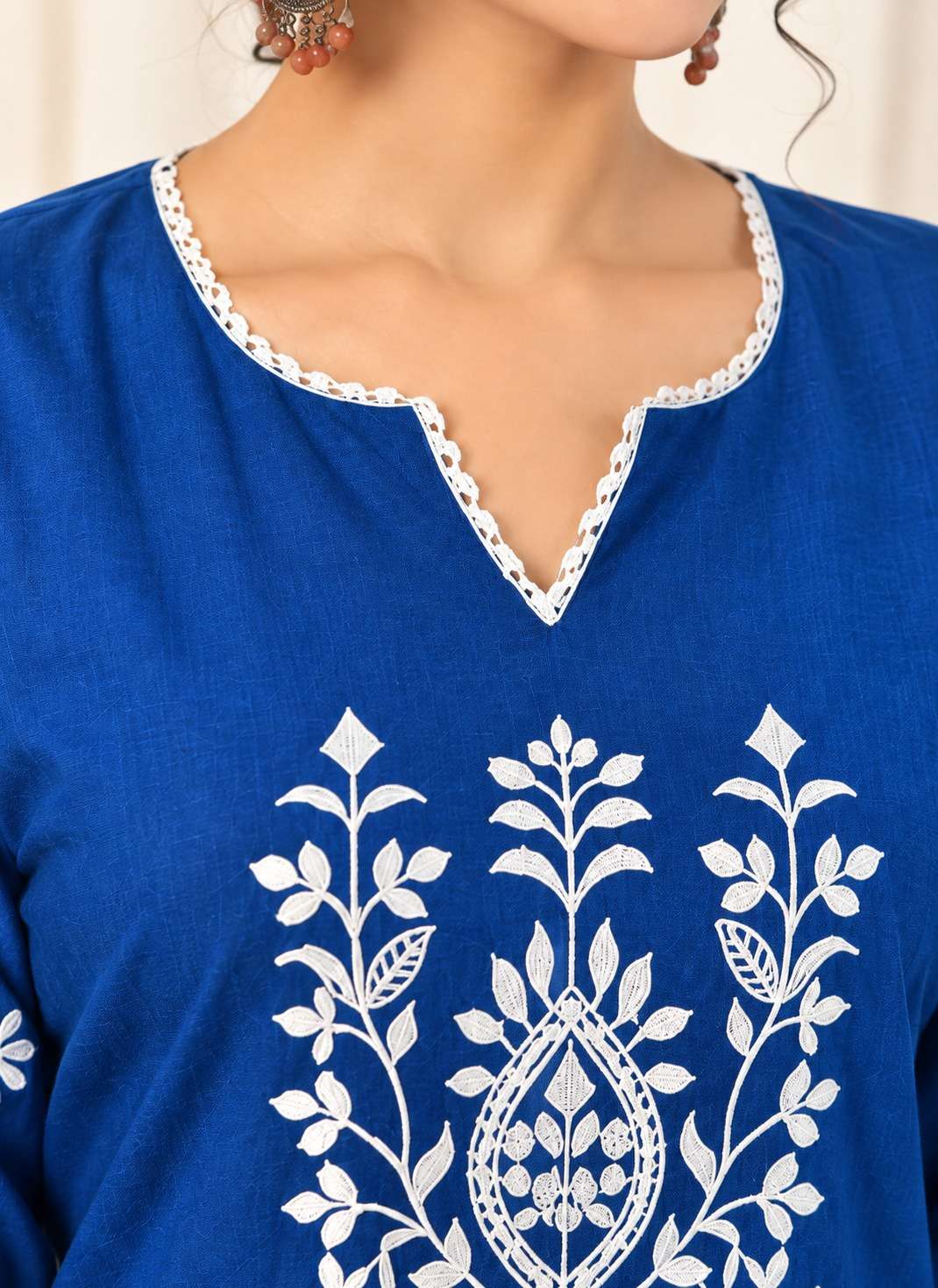 Royal Blue Embroidered Cotton Blend Kurta Pant Set
