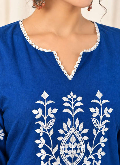 Royal Blue Embroidered Cotton Blend Kurta Pant Set