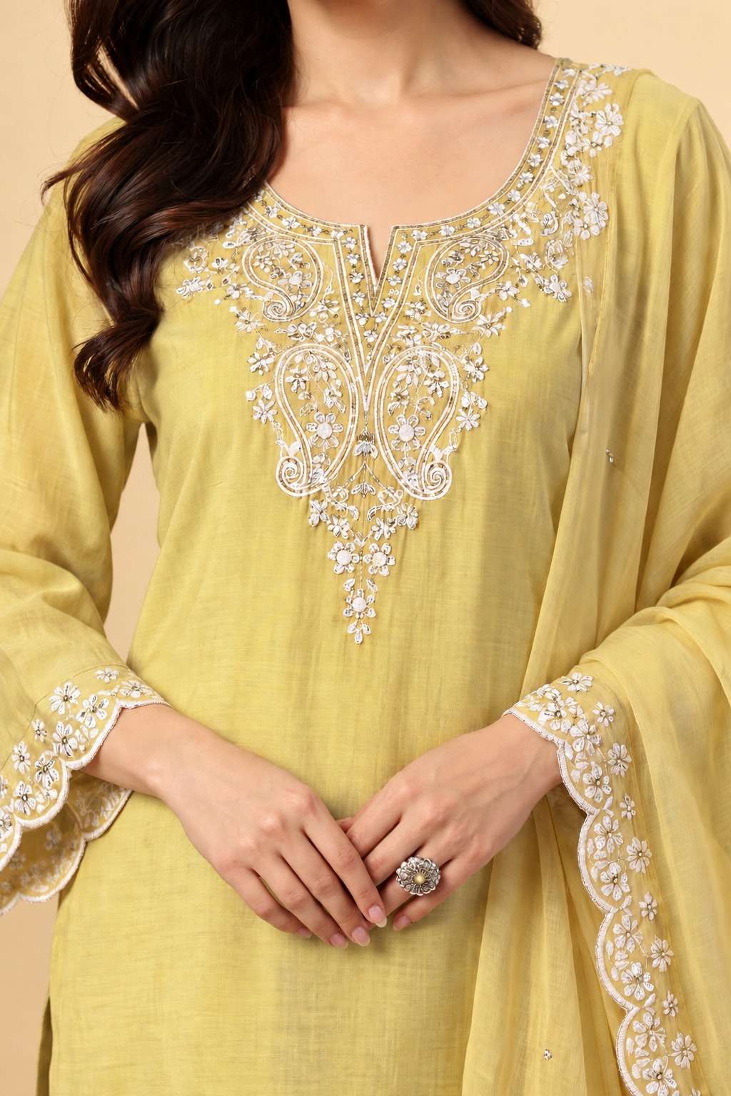 Cream Embroidered Mul Chanderi Kurta and Pant with Dupatta
