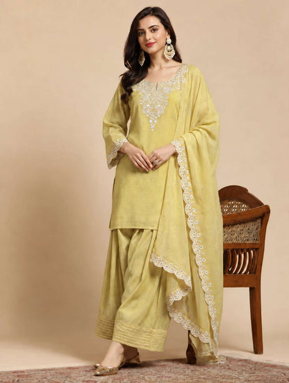 Cream Embroidered Mul Chanderi Kurta and Pant with Dupatta