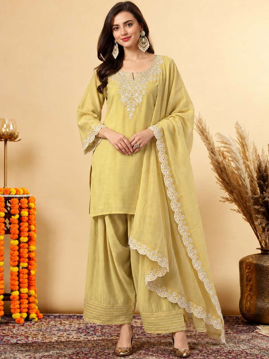 Cream Embroidered Mul Chanderi Kurta and Pant with Dupatta
