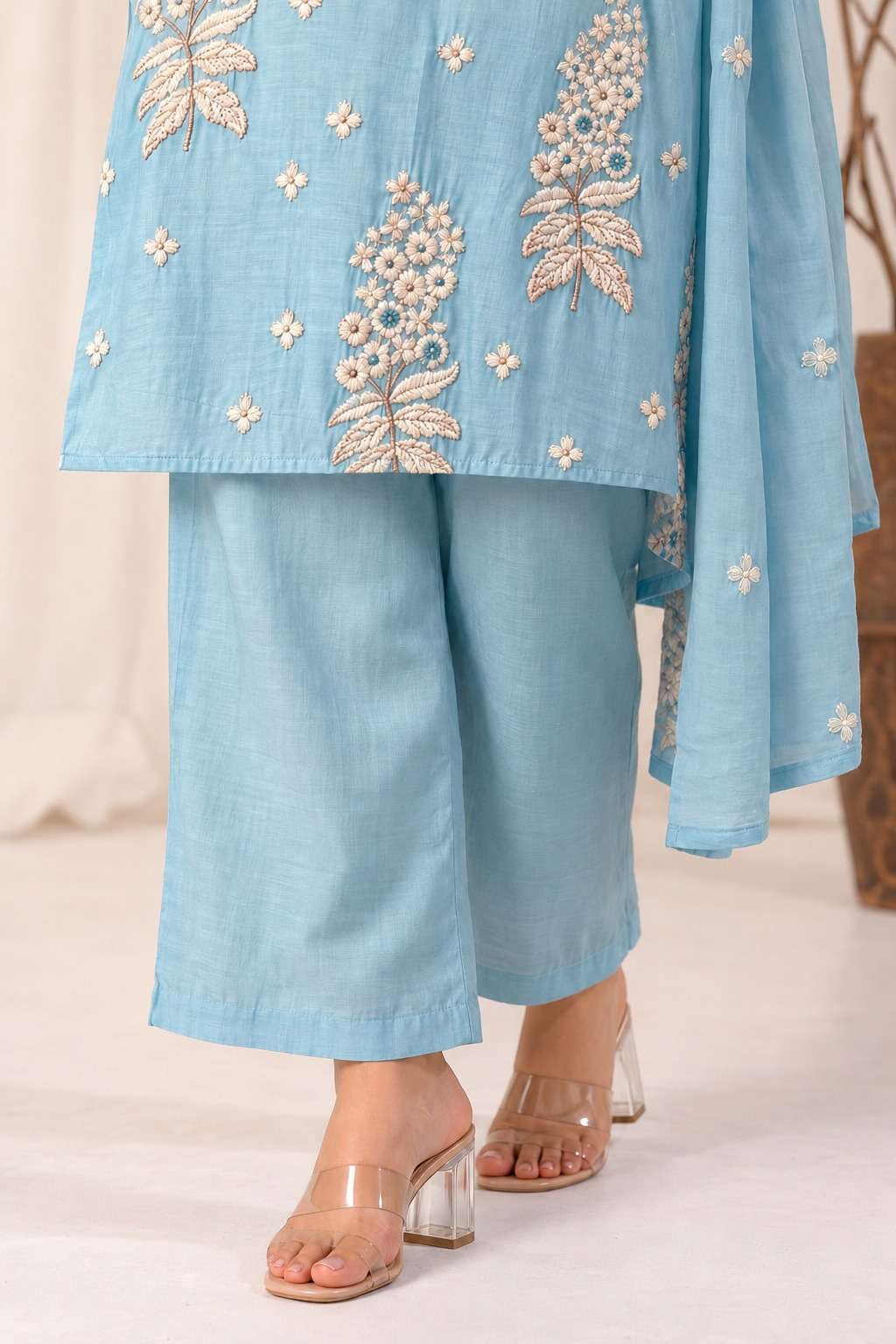 Sky Blue Floral Embroidered Mul Chanderi Kurta and pant with Dupatta
