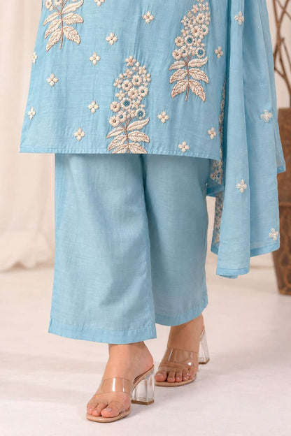 Sky Blue Floral Embroidered Mul Chanderi Kurta and pant with Dupatta