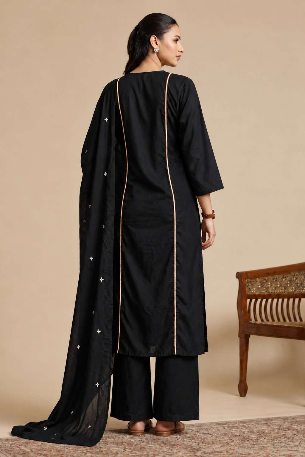 Black Embroidered Cotton Kurta and Pant with Dupatta