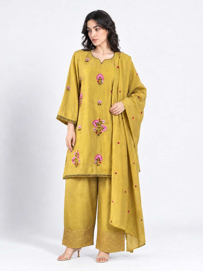 Mustard Embroidered Mul Chanderi Kurta and Pant with Dupatta