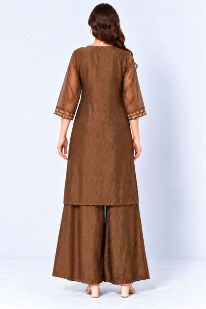 Brown Embroidered Tissue Kurta and Pant with Dupatta