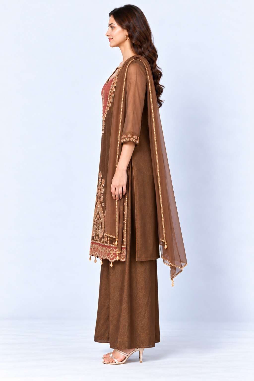 Brown Embroidered Tissue Kurta and Pant with Dupatta