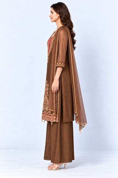 Brown Embroidered Tissue Kurta and Pant with Dupatta