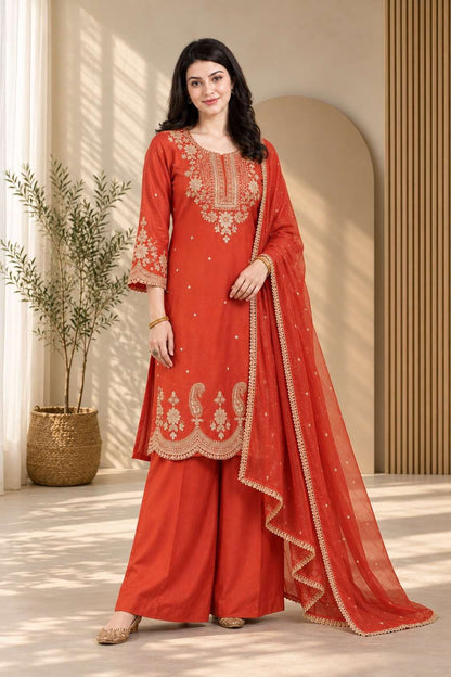 Orange Roman Silk embroidered kurta pant with dupatta