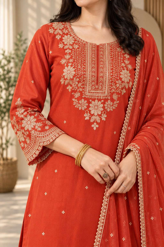 Orange Roman Silk embroidered kurta pant with dupatta