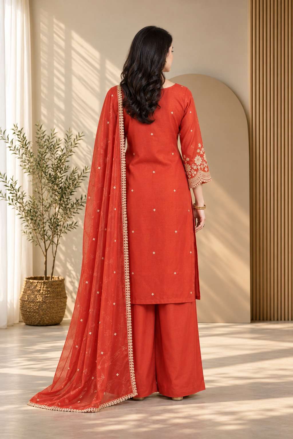 Orange Roman Silk embroidered kurta pant with dupatta