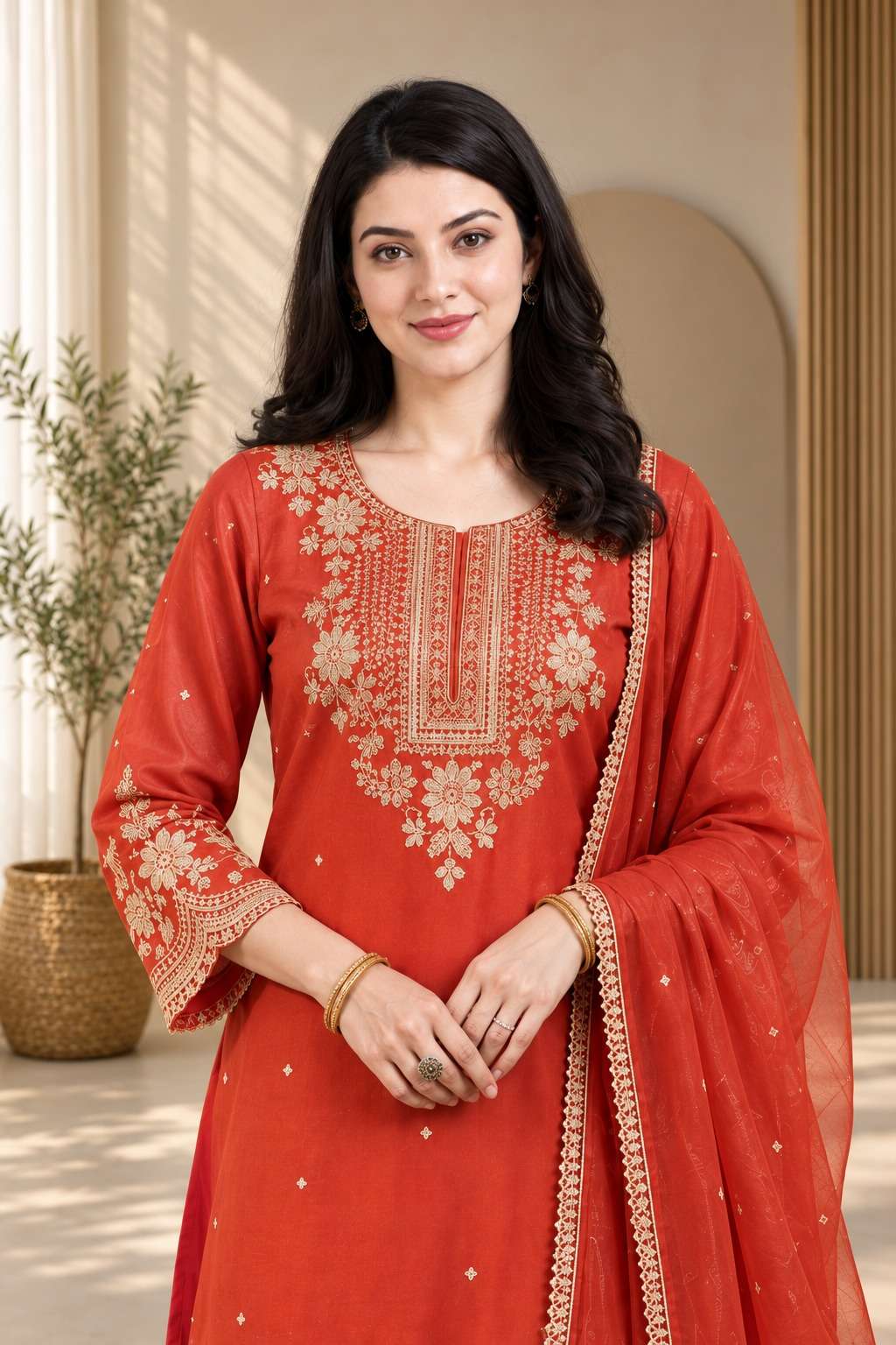 Orange Roman Silk embroidered kurta pant with dupatta