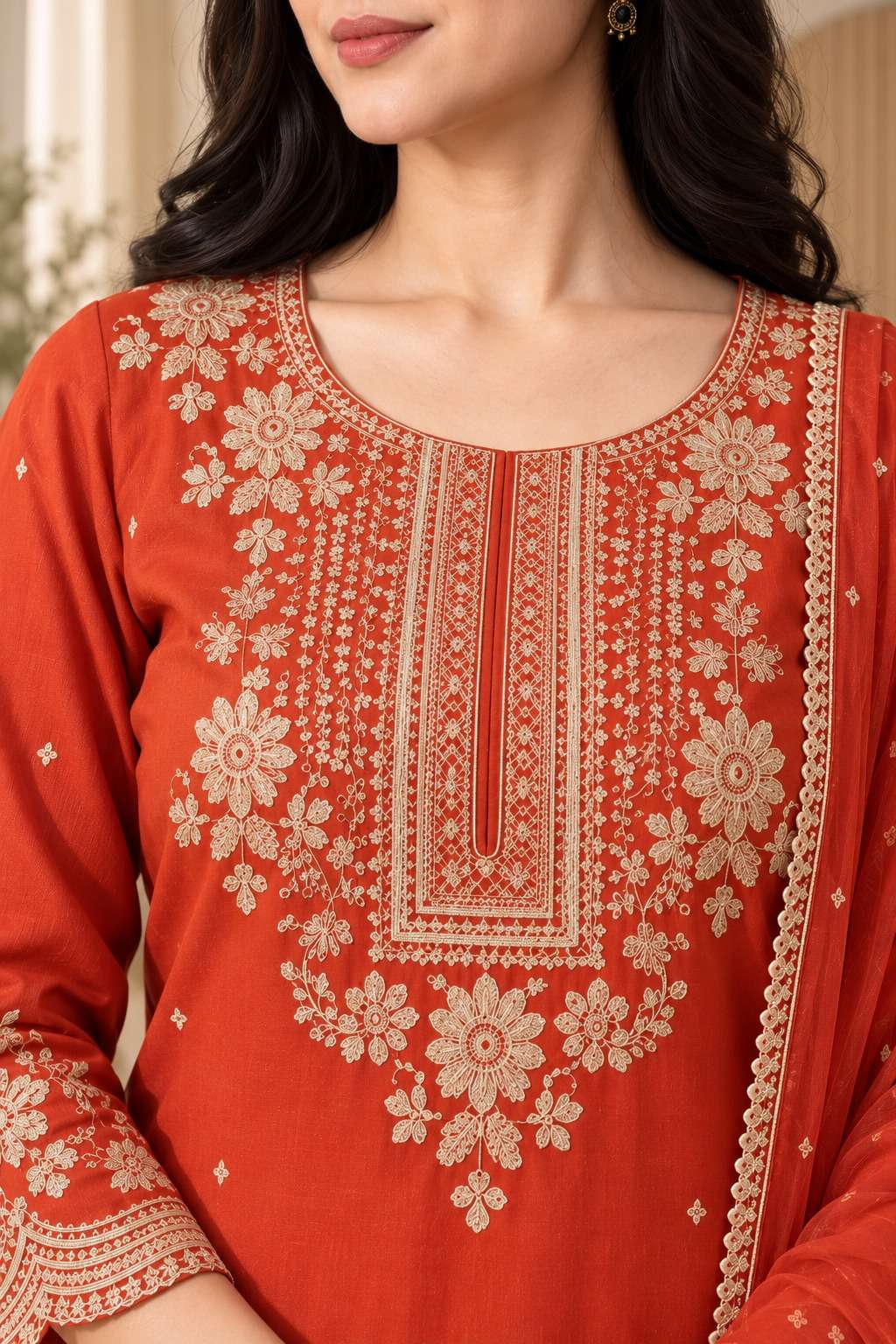 Orange Roman Silk embroidered kurta pant with dupatta