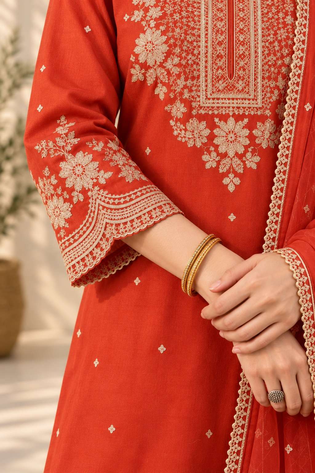 Orange Roman Silk embroidered kurta pant with dupatta