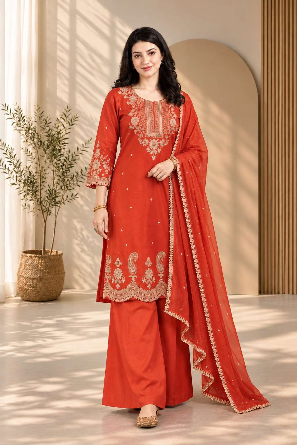 Orange Roman Silk embroidered kurta pant with dupatta