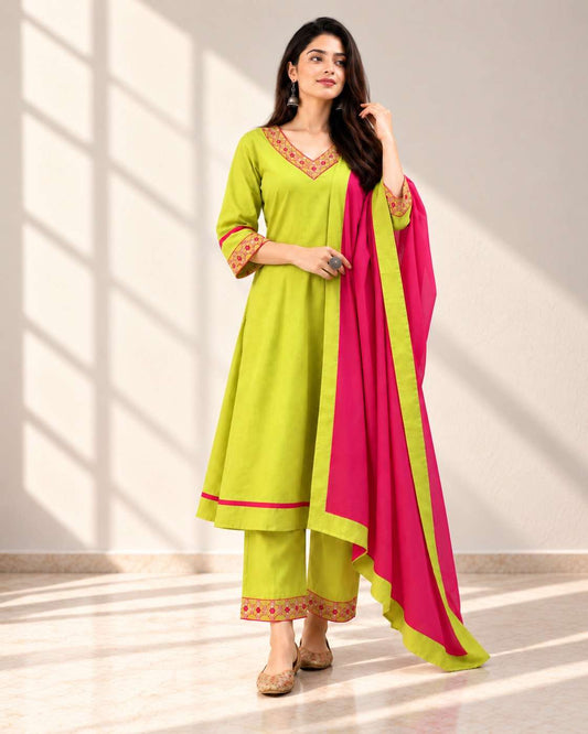 Lime Green Embroidered Cotton Kurta and Pant with Dupatta