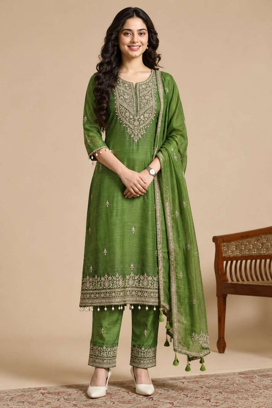 Mehendi Green Embroidered Chinon Kurta Pant and Dupatta