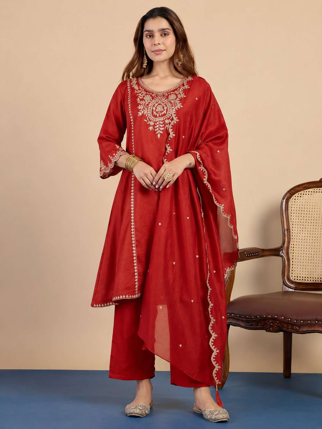 Rust Red Silk Blend Embroidered Kurta and Pant with Dupatta