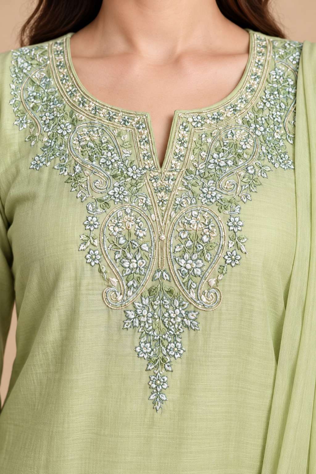 Light Green Embroidered Mul Chanderi Kurta and Pant with Dupatta