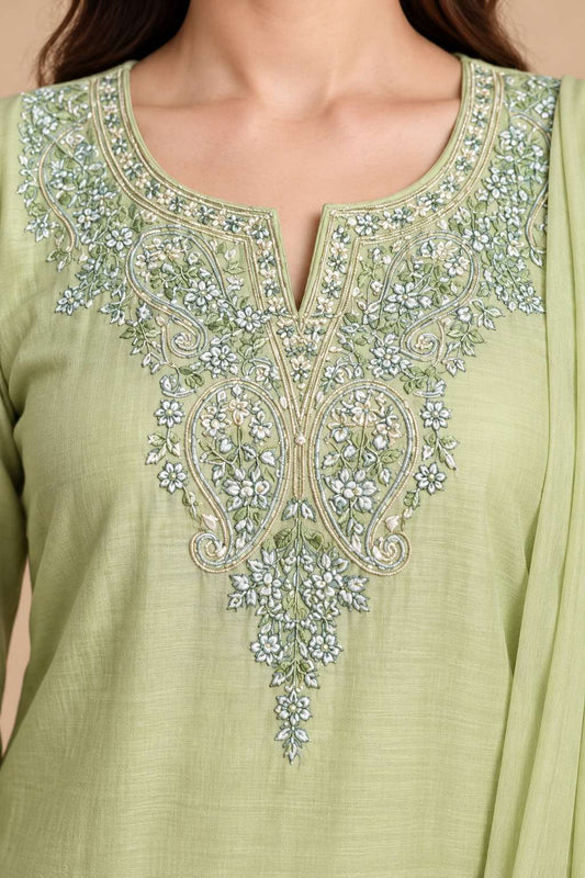 Light Green Embroidered Mul Chanderi Kurta and Pant with Dupatta