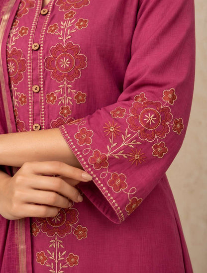 Pink Embroidered Cotton Flex Kurta and Pant with Dupatta