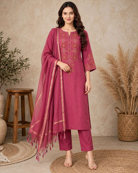 Pink Embroidered Cotton Flex Kurta and Pant with Dupatta