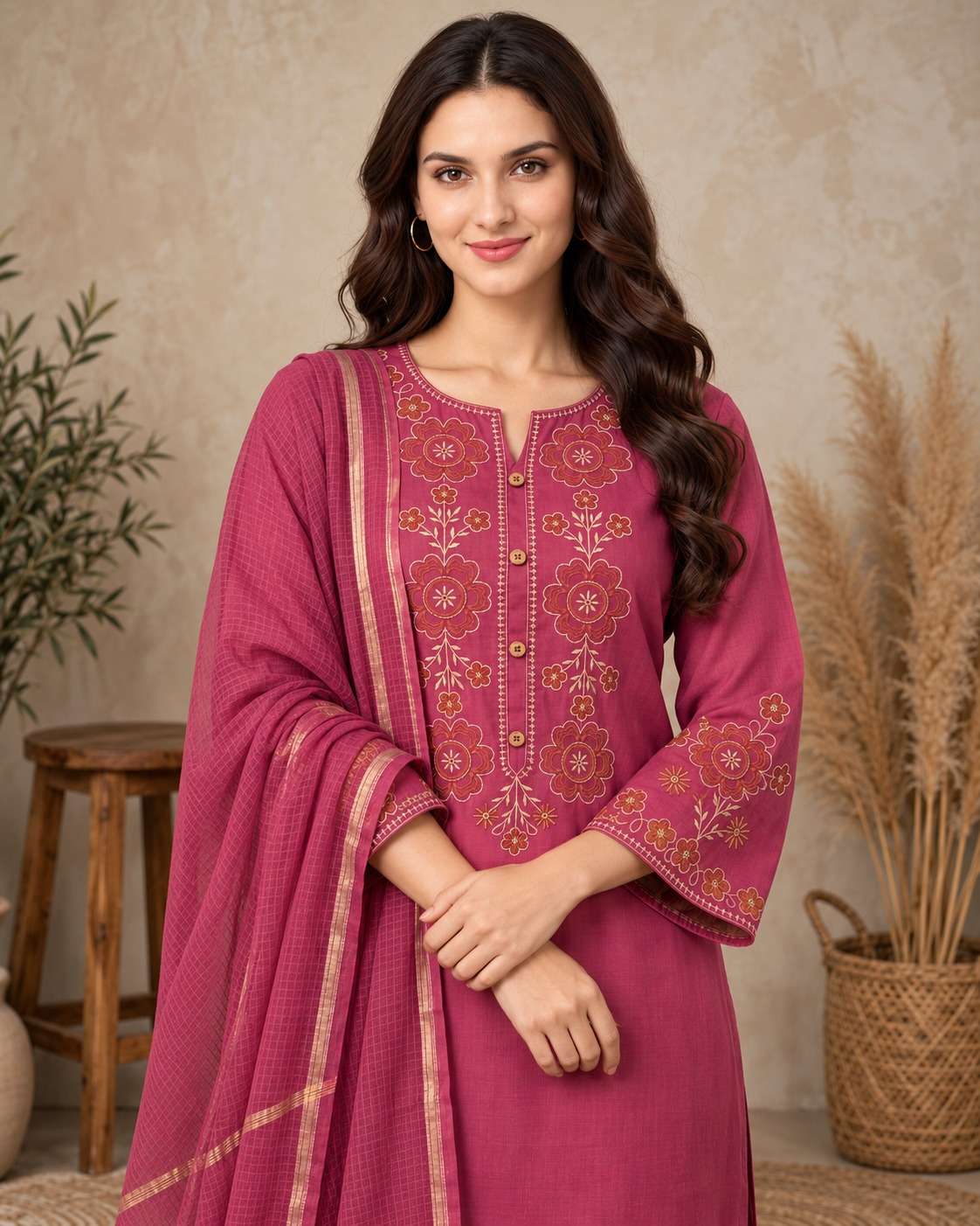Pink Embroidered Cotton Flex Kurta and Pant with Dupatta