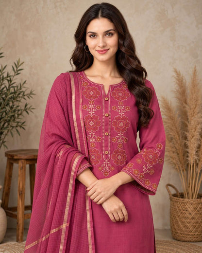 Pink Embroidered Cotton Flex Kurta and Pant with Dupatta