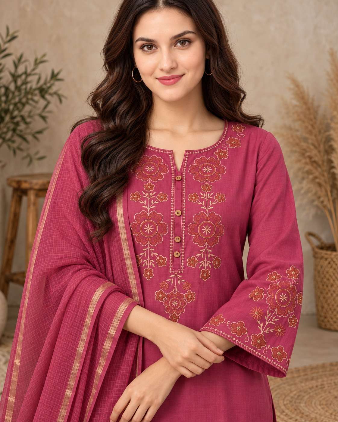 Pink Embroidered Cotton Flex Kurta and Pant with Dupatta