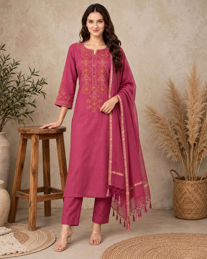 Pink Embroidered Cotton Flex Kurta and Pant with Dupatta