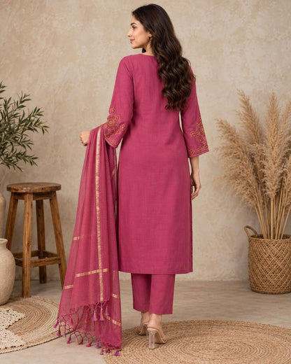 Pink Embroidered Cotton Flex Kurta and Pant with Dupatta