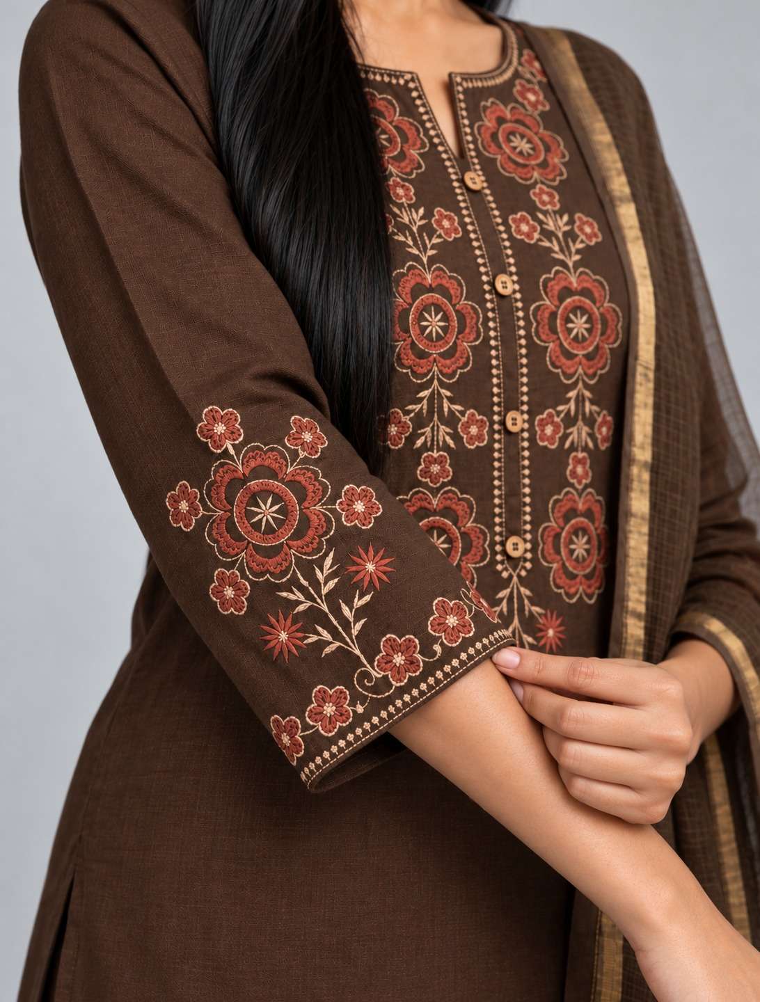 Brown Embroidered Cotton Kurta and Pant with Dupatta