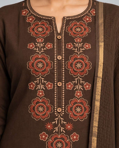 Brown Embroidered Cotton Kurta and Pant with Dupatta