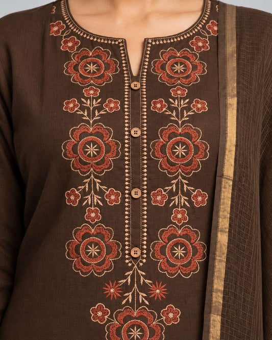 Brown Embroidered Cotton Kurta and Pant with Dupatta