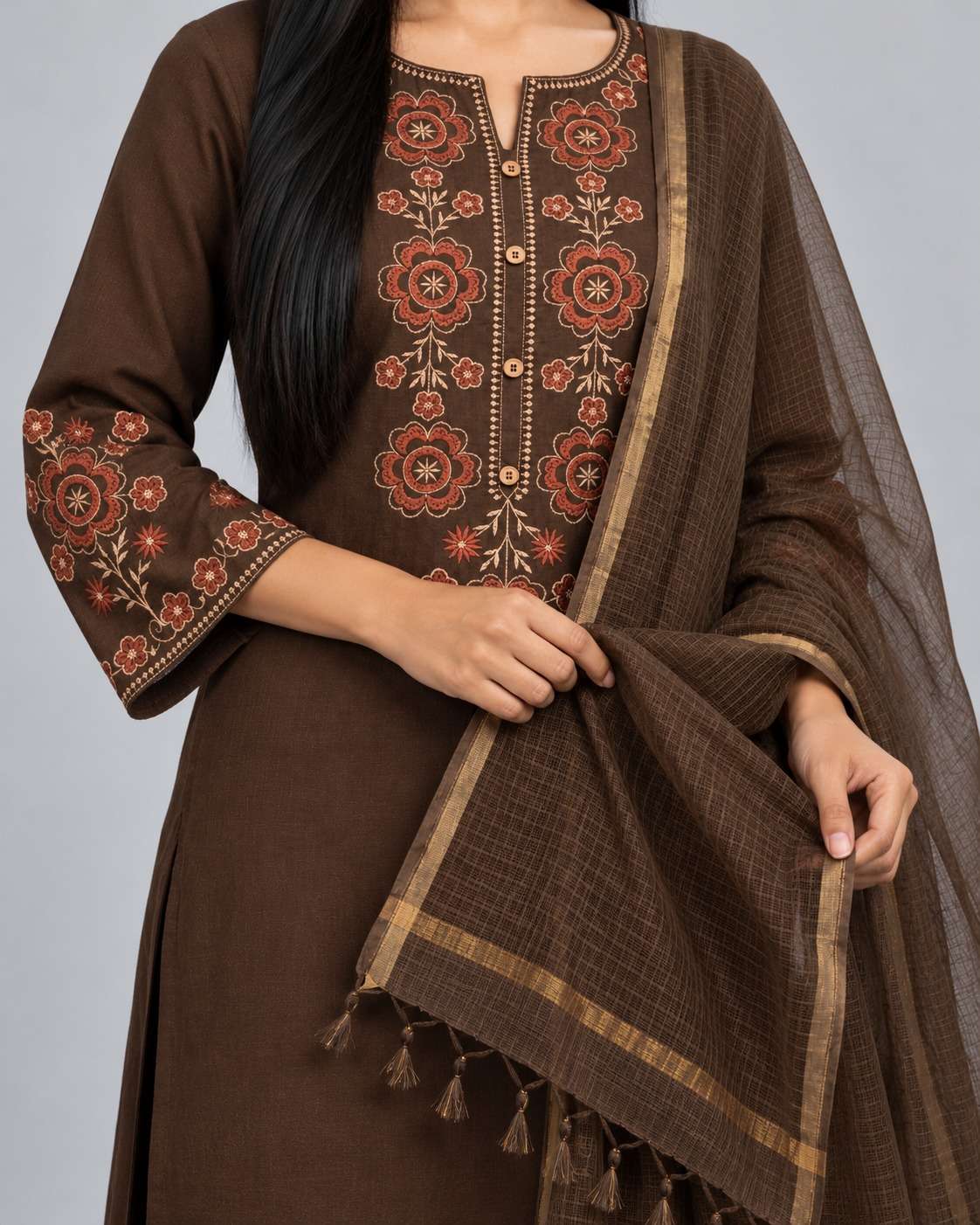 Brown Embroidered Cotton Kurta and Pant with Dupatta
