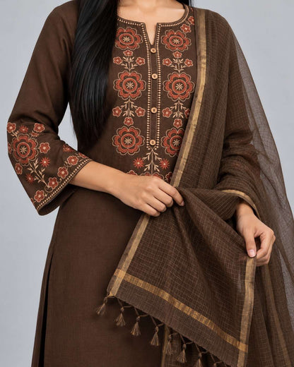 Brown Embroidered Cotton Kurta and Pant with Dupatta