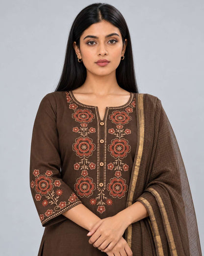 Brown Embroidered Cotton Kurta and Pant with Dupatta